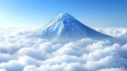 Majestic snow-capped mountain peak rises above a sea of fluffy white clouds under a clear blue sky.