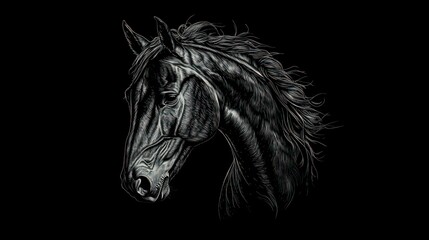 The horse's head is drawn in black and white colours. Animal in monochrome style. Illustration for cover, postcard, interior design, banner, poster, brochure or presentation.