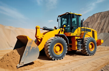 Powerful yellow wheel loader works on sandy quarry. Full bucket of sand. Modern heavy machinery active at earthworks site. Construction activity with heavy equipment. Industrial vehicle. Loader moves