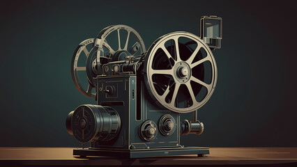 Fototapeta premium A flat illustration of an old-school film projector with a film roll threading through it, creating a continuous loop of frames