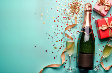 Champagne bottle with gift boxes, confetti on teal background. Festive decor for birthday Christmas celebration. Two champagne glasses displayed next to bottle. Flat lay composition perfect for