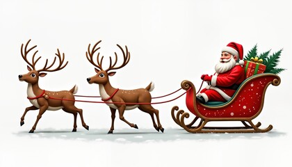 Santa Claus rides in sleigh pulled by reindeer. Christmas jolly festive scene. Santa happy, carrying gift. Reindeer pull sleigh through winter wonderland. Merry Christmas, Happy New Year. Celebration