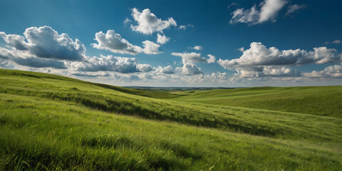 Obraz premium A vibrant green meadow stretches towards a boundless blue sky, dotted with fluffy white clouds