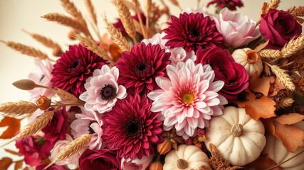 Autumnal floral arrangement with creamy pumpkins and wheat