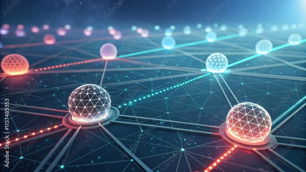 Poster complex network visualization showing interconnected glowing spheres representing energy transfer an