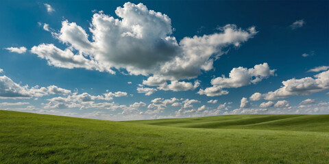 Fototapeta premium A vibrant green meadow stretches towards a boundless blue sky, dotted with fluffy white clouds