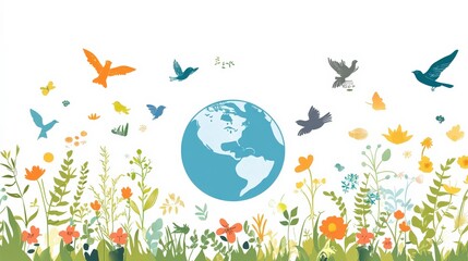 Vibrant Illustration of Earth Surrounded by Colorful Flowers and Diverse Birds Celebrating Nature's Beauty and Biodiversity in a Whimsical Scene
