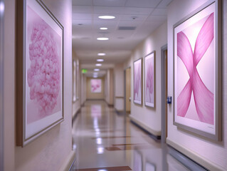 Serene hospital hallway with calming pink artwork on walls, reflecting light on polished floor.
