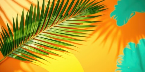 Vibrant Tropical Frond with Sunshine Shadows on Yellow Background