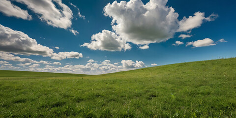 Obraz premium A vibrant green meadow stretches towards a boundless blue sky, dotted with fluffy white clouds