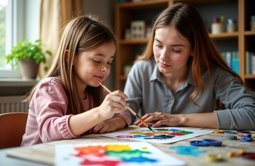 Fototapeta premium Young girl with Down syndrome paints during individual art lesson at home. Young woman teacher guides, helps. Girl chooses watercolor paints from palette. Focused on creating art. Indoor domestic