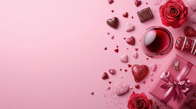 Composici&oacute;n rom&aacute;ntica con copa de vino, chocolates, corazones decorativos, rosas rojas y caja de regalo sobre fondo rosa, ideal para San Valent&iacute;n o celebraciones especiales
