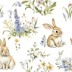 A seamless pattern with watercolor cute bunnies, easter pattern