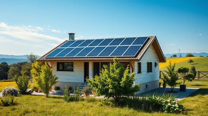 Futuristic Solar Panels on Countryside Home Roof - Sustainable Energy