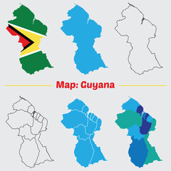 Guyana country map set. internal provinces borders marked, Simple map of Guyana vector drawing, Filled and outline.