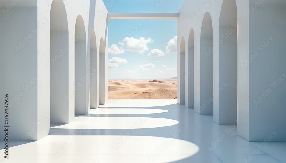 Poster empty white corridor stretches into desert landscape. geometric shapes, arches create futuristic int
