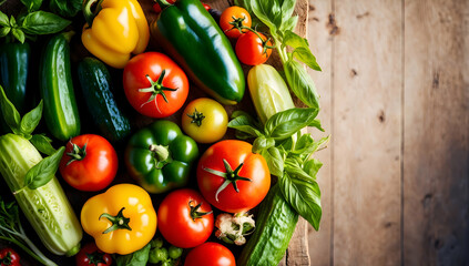 A vibrant display of fresh vegetables arranged with natural light on a rustic wooden surface.
