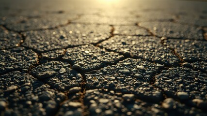 Close-up view of a textured surface composed of small stones embedded in a dark matrix, exhibiting a pattern of hexagonal cracks, illuminated by warm sunlight.