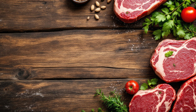  A rustic wooden table displays raw beef steaks, fresh herbs, and a small bowl of seasonings, with a single tomato and parsley garnish.