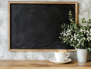 Rustic chalkboard sign with coffee cup illustrations, placed at the entrance of a coffeehouse, chalkboard sign, inviting cafe decor