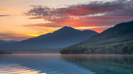 Fototapeta premium A photo of a sunrise over the mountains. The sky is painted with warm oranges, reds, and purples.