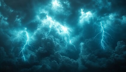 Fototapeta premium Electric Storm, Vibrant Blue Lightning Flashes Across Dark Stormy Sky, Dramatic Nature Visualization
