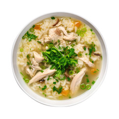 Chicken and Rice Soup in a bowl top view Isolated on Transparent Background, clipping path