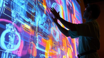 A technician uses hand gestures to manipulate a virtual interface in front of a large industrial machine as bright colorful graphics dynamically illustrate operational data in real