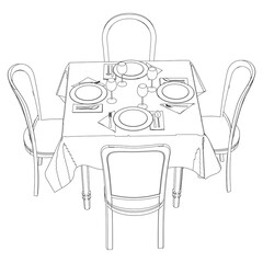 Collection of Modern Restaurant Chairs and Table Set with Detailed Line Art on White Background. Vector Illustration.