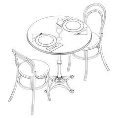 Round table and chair vector set. Restaurant chair and table. Outline illustration for coloring book, interior projects, designers.