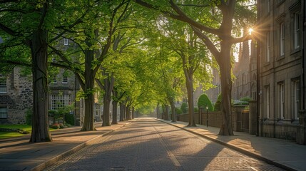 Sunlit tree-lined street, morning light, buildings, shadows.
