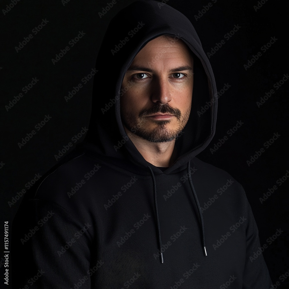 Poster Anonymous computer hacker in hood and laptop isolated over white background. Dark face. Data thief, internet attack, darknet fraud, dangerous viruses and cyber security.