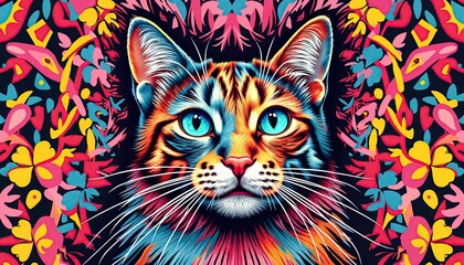 Vibrant cat portrait with colorful floral background, Print for T-Shirt