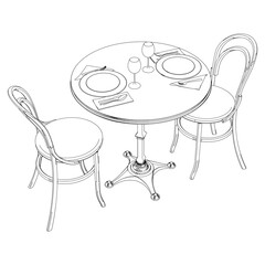 Round table and chair vector set. Restaurant chair and table. Outline illustration for coloring book, interior projects, designers.