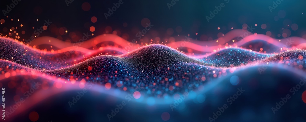Poster Abstract digital background with glowing particles forming wavy shapes. Colorful neon light effects create dynamic patterns. Modern futuristic design for tech background wallpaper. Suitable for