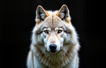 Arctic wolf portrait on black background. Wild animal with watchful eyes. Close-up view of wolf head. Furry animal with light beige, white fur. Powerful predator gaze. Isolated image for nature