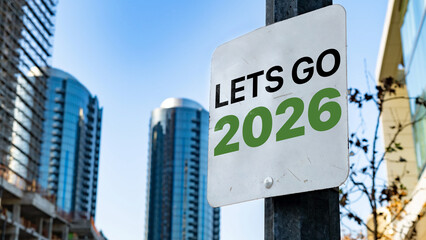 Lets Go 2026 is written on a city-centre sign in a city business and financial district