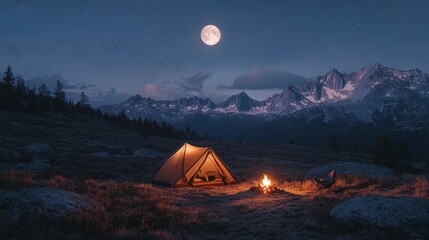 A wide view of a camping scene in the mountains with a large tent, campfire, and the moon rising above the distant peaks, casting a soft glow on the terrain.