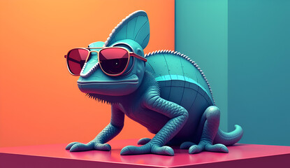 chameleon wearing sunglasses on a solid color background, vector art, digital art, faceted, minimal, abstract. Generative AI.
