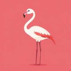 Obraz premium A flat cartoon flamingo chick is depicted in profile, standing gracefully on one leg against a solid pink background, with a simple and minimalistic color scheme.
