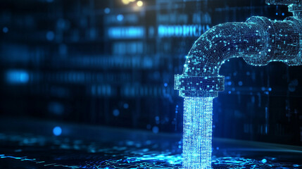 Strumień danych w postaci jasnych cyfrowych linii płynących z nowoczesnego kranu, symbolizuje przepływ informacji w erze internetu i transformacji cyfrowej.