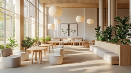 Fototapeta premium Modern minimalist cafe interior with natural light, wooden furniture, and plants.