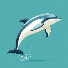 Fototapeta premium Cartoon dolphin in profile jumping out of water, solid teal background, smooth flat and solid color style with a playful splash.