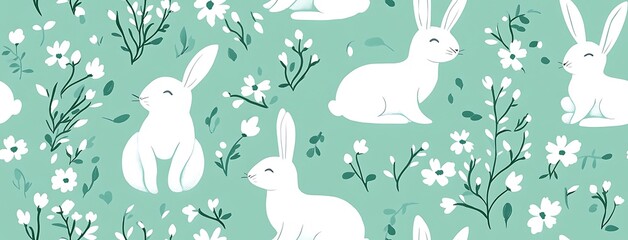 Obraz premium cottage-core Easter seamlesss pattern with white floral elements and bunnies