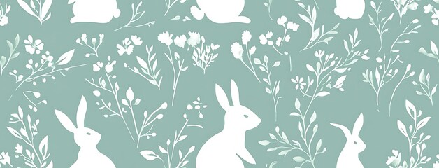 cottage-core Easter seamlesss pattern with white floral elements and bunnies
