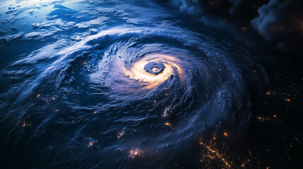 Widok satelitarny z góry na potężny huragan, z wirującymi chmurami z podświetlonymi światłami miast nocą, tworzący dramatyczną scenerię.