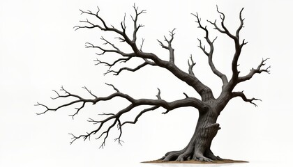 Obraz premium Dead tree branch isolated on white background. Towering barren tree. Dry, lifeless. Nature element. Suitable for eco design, Halloween, gothic themes. Great graphic resource. Weathered texture.