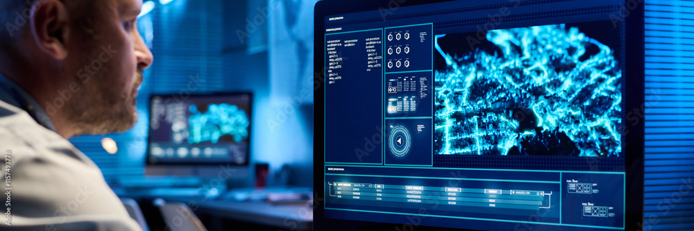 Aufkleber Header of computer monitor with army location and mature operator of military office sitting in front of screen with graphic data