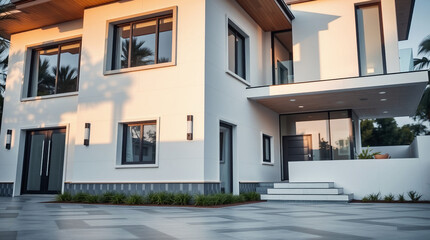 Fototapeta premium A contemporary, two-story light-grey house with numerous large windows, a covered entrance, and a paved driveway. The house features landscaping and modern architectural details.
