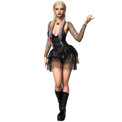 3D rendered fictional gothic female character with blonde long braids isolated on transparent background